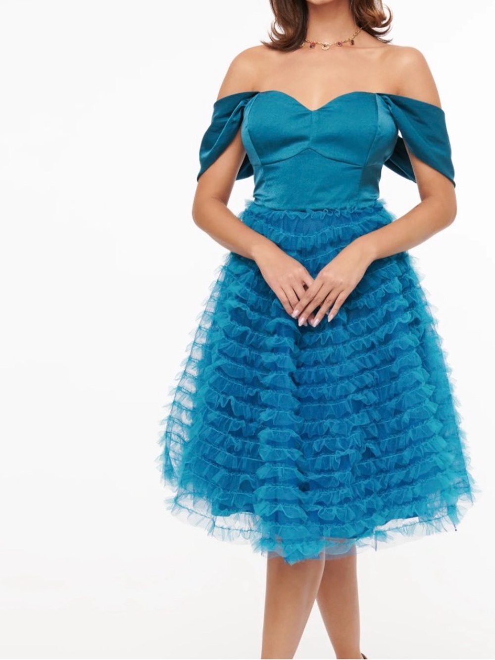 NWT Unique Vintage 1950s Teal Mesh Tulle Off The Shoulder Swing Dress 1X 16 - Picture 2 of 8